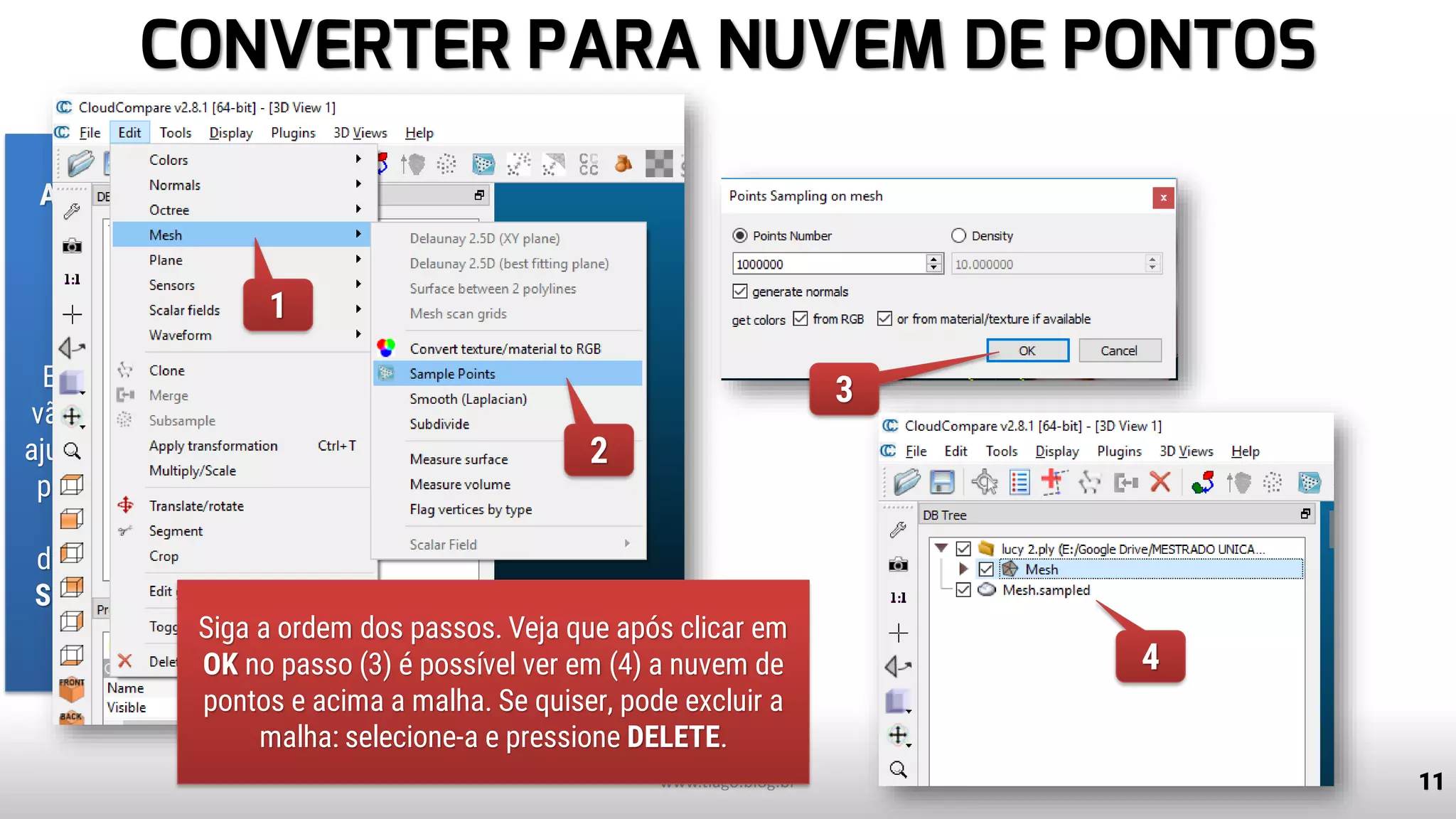 CONVERTER PARA NUVEM DE PONTOS
11
Antes de prosseguirmos
temos que habilitar a
visualização de duas
ferramentas: Régua e
Painel de Navegação.
Essas duas ferramentas
vão, respectivamente, nos
ajudar a aferir os recuos de
parágrafo e visualizar os
títulos/paginas do
documento rapidamente.
Siga os passos ao lado a
partir da guia Exibir
www.tiago.blog.br
1
2
3
Siga a ordem dos passos. Veja que após clicar em
OK no passo (3) é possível ver em (4) a nuvem de
pontos e acima a malha. Se quiser, pode excluir a
malha: selecione-a e pressione DELETE.
4
 