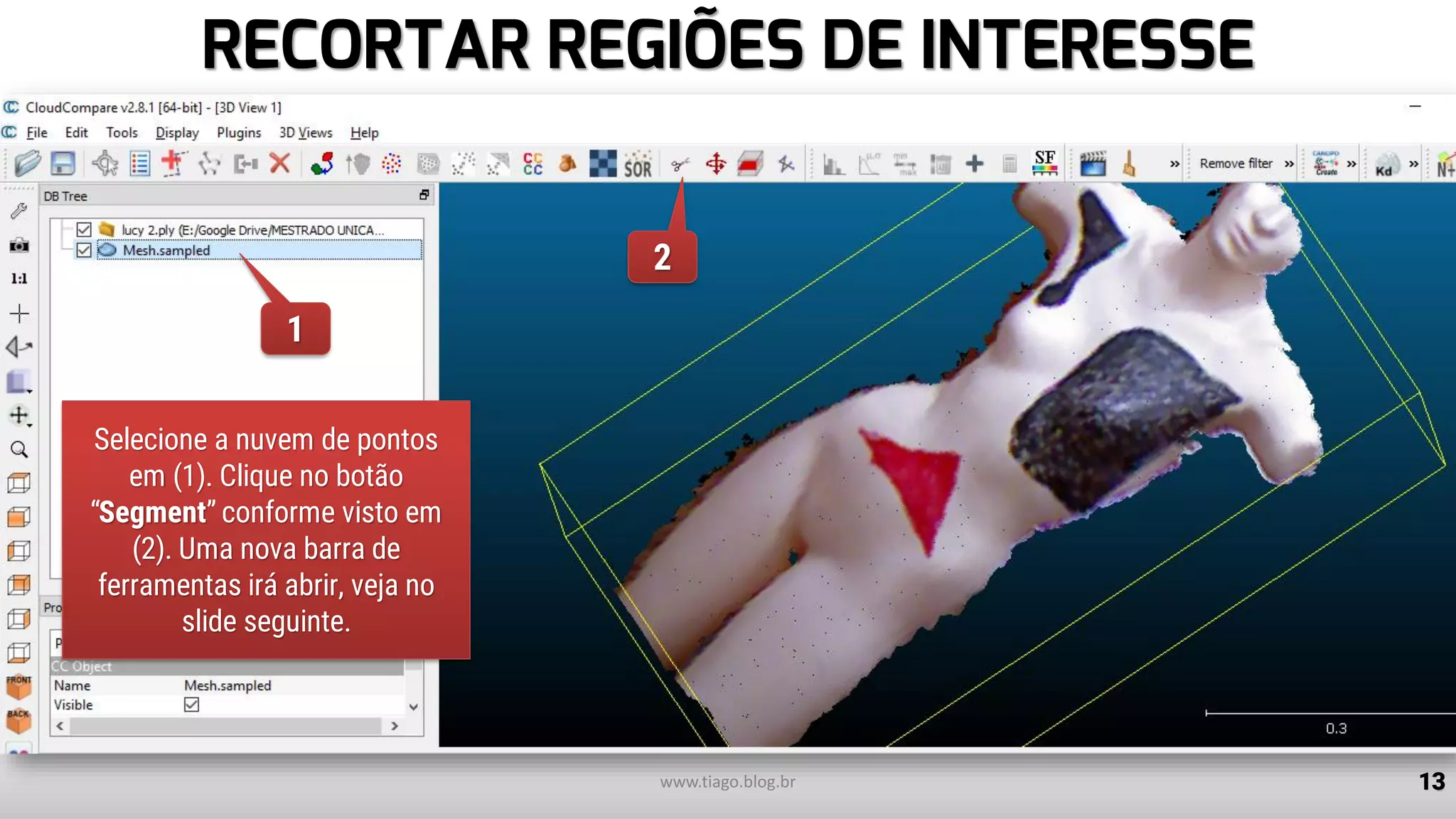 RECORTAR REGIÕES DE INTERESSE
13www.tiago.blog.br
1
2
Selecione a nuvem de pontos
em (1). Clique no botão
“Segment” conforme visto em
(2). Uma nova barra de
ferramentas irá abrir, veja no
slide seguinte.
 