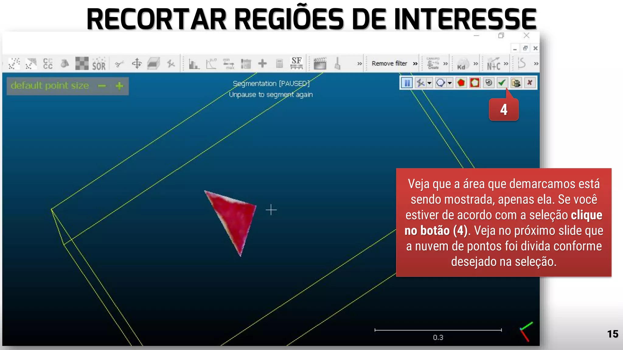RECORTAR REGIÕES DE INTERESSE
15www.tiago.blog.br
4
Veja que a área que demarcamos está
sendo mostrada, apenas ela. Se você
estiver de acordo com a seleção clique
no botão (4). Veja no próximo slide que
a nuvem de pontos foi divida conforme
desejado na seleção.
 