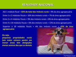 Profª Roberta Casali
REALIDADE NACIONALREALIDADE NACIONAL
Até 1 módulo fiscal = 65% do total dos imóveis rurais = 9% da área agropecuária
Entre 1 e 2 módulos fiscais = 16% dos imóveis rurais = 7% da área agropecuária
Entre 2 e 4 módulos fiscais = 9% dos imóveis rurais = 8% da área agropecuária
Entre 4 e 10 módulos fiscais = 6% dos imóveis rurais = 13% da área agropecuária
Superior a 10 módulos fiscais = 4% dos imóveis rurais = 63% da área
agropecuária
Ou seja,
pequenas propriedades rurais
(em maior número porém em
menor área) têm obrigações
menos severas dos que as demais
 