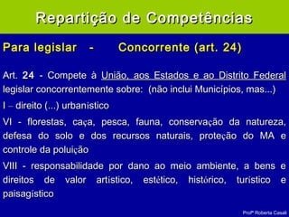 Profª Roberta Casali
Para legislarPara legislar -- Concorrente (art.Concorrente (art. 24)24)
Art.Art. 2424 - Compete à- Compete à União, aos Estados e ao Distrito FederalUnião, aos Estados e ao Distrito Federal
legislar concorrentemente sobre: (não inclui Municípios, mas...)legislar concorrentemente sobre: (não inclui Municípios, mas...)
II –– direito (...) urbandireito (...) urbaníísticostico
VI - florestas, caVI - florestas, caçça, pesca, fauna, conservaa, pesca, fauna, conservaçção da natureza,ão da natureza,
defesa do solo e dos recursos naturais, protedefesa do solo e dos recursos naturais, proteçção do MA eão do MA e
controle da poluicontrole da poluiççãoão
VIII - responsabilidade por dano ao meio ambiente, a bens eVIII - responsabilidade por dano ao meio ambiente, a bens e
direitos de valor artdireitos de valor artíístico, eststico, estéético, histtico, históórico, turrico, turíístico estico e
paisagpaisagíísticostico
Repartição de CompetênciasRepartição de Competências
 