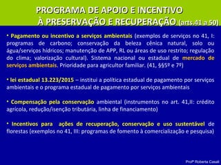 Profª Roberta Casali
• Pagamento ou incentivo a serviços ambientais (exemplos de serviços no 41, I:
programas de carbono; conservação da beleza cênica natural, solo ou
água/serviços hídricos; manutenção de APP, RL ou áreas de uso restrito; regulação
do clima; valorização cultural). Sistema nacional ou estadual de mercado de
serviços ambientais. Prioridade para agricultor familiar. (41, §§5º e 7º)
• lei estadual 13.223/2015 – institui a política estadual de pagamento por serviços
ambientais e o programa estadual de pagamento por serviços ambientais
• Compensação pela conservação ambiental (instrumentos no art. 41,II: crédito
agrícola, redução/isenção tributária, linha de financiamento)
• Incentivos para ações de recuperação, conservação e uso sustentável de
florestas (exemplos no 41, III: programas de fomento à comercialização e pesquisa)
PROGRAMA DE APOIO E INCENTIVOPROGRAMA DE APOIO E INCENTIVO
À PRESERVAÇÃO E RECUPERAÇÃOÀ PRESERVAÇÃO E RECUPERAÇÃO (arts.41 a 50)(arts.41 a 50)
 