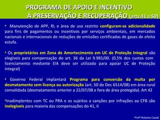 Profª Roberta Casali
• Manutenção de APP, RL e área de uso restrito configuram-se adicionalidade
para fins de pagamentos ou incentivos por serviços ambientais, em mercados
nacionais e internacionais de reduções de emissões certificadas de gases de efeito
estufa.
• Os proprietários em Zona de Amortecimento em UC de Proteção Integral são
elegíveis para compensação do art. 36 da Lei 9.985/00. (0,5% dos custos com
licenciamento mediante EIA deve ser utilizado para apoiar UC de Proteção
Integral)
• Governo Federal implantará Programa para conversão da multa por
desmatamento sem licença ou autorização (art. 50 do Dec 6514/08) em área rural
consolidada (desmatamento anterior a 22/07/08 e fora de área protegida). Art 42
•Inadimplentes com TC ou PRA e os sujeitos a sanções por infrações ao CFB são
inelegíveis para maioria das compensações do 41, II
PROGRAMA DE APOIO E INCENTIVOPROGRAMA DE APOIO E INCENTIVO
À PRESERVAÇÃO E RECUPERAÇÃOÀ PRESERVAÇÃO E RECUPERAÇÃO (arts.41 a 50)(arts.41 a 50)
 