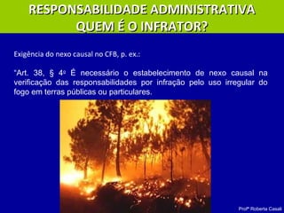 Profª Roberta Casali
Exigência do nexo causal no CFB, p. ex.:
“Art. 38, § 4o
É necessário o estabelecimento de nexo causal na
verificação das responsabilidades por infração pelo uso irregular do
fogo em terras públicas ou particulares.
RESPONSABILIDADE ADMINISTRATIVARESPONSABILIDADE ADMINISTRATIVA
QUEM É O INFRATOR?QUEM É O INFRATOR?
 