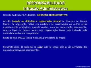 Profª Roberta Casali
RESPONSABILIDADERESPONSABILIDADE
Infração AdministrativaInfração Administrativa
Art. 48. Impedir ou dificultar a regeneração natural de florestas ou demais
formas de vegetação nativa em unidades de conservação ou outras áreas
especialmente protegidas, quando couber, área de preservação permanente,
reserva legal ou demais locais cuja regeneração tenha sido indicada pela
autoridade ambiental competente:
Multa de R$ 5.000,00 (cinco mil reais), por hectare ou fração.
Parágrafo único. O disposto no caput não se aplica para o uso permitido das
áreas de preservação permanentes
Decreto Federal nº 6.514/2008. INFRAÇÃO ADMINISTRATIVA::
 