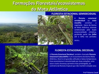 Profª Roberta Casali
Formações Florestais/ecossistemasFormações Florestais/ecossistemas
da Mata Atlânticada Mata Atlântica
FLORESTA ESTACIONAL SEMIDECIDUAL
FLORESTA ESTACIONAL DECIDUAL
A floresta estacional
semidecidual ou mata
mesófila constitui a
vegetação típica do bioma
da Mata Atlântica, estando
condicionada pela dupla
estacionalidade climática,
perdendo parte das folha
(20 a 50%) nos períodos
secos.
A Floresta Estacional Decidual, também chamada Floresta
Estacional Caducidófila é um ecossistema do bioma Mata
Atlântica. Ocorre em grandes altitudes e baixa temperatura.
Esse ecossistema é caracterizado por duas estações, uma
seca e outra chuvosa,a primeira mais prolongada, ao
contrário da floresta tropical que não mantém estação seca
 