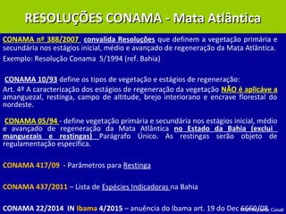 Profª Roberta Casali
CONAMA nº 388/2007 convalida Resoluções que definem a vegetação primária e
secundária nos estágios inicial, médio e avançado de regeneração da Mata Atlântica.
Exemplo: Resolução Conama 5/1994 (ref. Bahia)
CONAMA 10/93 define os tipos de vegetação e estágios de regeneração:
Art. 4º A caracterização dos estágios de regeneração da vegetação NÃO é aplicáve a
amanguezal, restinga, campo de altitude, brejo interiorano e encrave florestal do
nordeste.
CONAMA 05/94 - define vegetação primária e secundária nos estágios inicial, médio
e avançado de regeneração da Mata Atlântica no Estado da Bahia (exclui
manguezais e restingas) Parágrafo Único. As restingas serão objeto de
regulamentação específica.
CONAMA 417/09 - Parâmetros para Restinga
CONAMA 437/2011 – Lista de Espécies Indicadoras na Bahia
CONAMA 22/2014 IN Ibama 4/2015 – anuência do Ibama art. 19 do Dec 6660/08
RESOLUÇÕES CONAMA - Mata AtlânticaRESOLUÇÕES CONAMA - Mata Atlântica
 