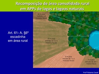 Profª Roberta Casali
Recomposição de área consolidada ruralRecomposição de área consolidada rural
em APPs deem APPs de lagos e lagoas naturaislagos e lagoas naturais
Art. 61- A, §6º
escadinha
em área rural
 