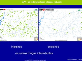 APP - ao redor dos lagos e lagoas naturais
Profª Roberta Casali
incluindo excluindo
os cursos d´água intermitentes
(fonte MP/SP – disponível na internet)
 