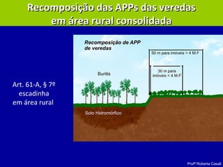 Profª Roberta Casali
Recomposição das APPs das veredasRecomposição das APPs das veredas
em área rural consolidadaem área rural consolidada
Art. 61-A, § 7º
escadinha
em área rural
 