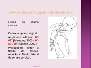  Flexão da coluna
cervical:
• Ocorre no plano sagital;
• Amplitude articular: 0°-
65° (Marques, 2003); 0°-
80°/90° (Magee, 2002);
• Precauções: evitar a
flexão de tronco,
rotação e flexão lateral
da coluna cervical.
smaj@usp.br
 