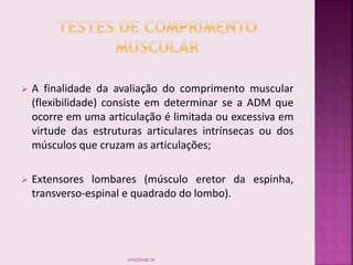  A finalidade da avaliação do comprimento muscular
(flexibilidade) consiste em determinar se a ADM que
ocorre em uma articulação é limitada ou excessiva em
virtude das estruturas articulares intrínsecas ou dos
músculos que cruzam as articulações;
 Extensores lombares (músculo eretor da espinha,
transverso-espinal e quadrado do lombo).
smaj@usp.br
 