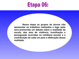 Etapa 06: 1º grupo:  Nessa etapa os grupos de alunos irão apresentar os trabalhos realizados e logo após será promovido um debate sobre a realidade da escola, dos atos de violência, humilhação e perseguição ocorridas no cotidiano escolar e a contribuição de cada um para a efetivação dessa realidade.  