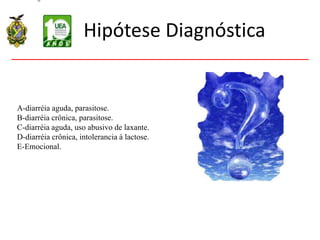 Hipótese Diagnóstica
A-diarréia aguda, parasitose.
B-diarréia crônica, parasitose.
C-diarréia aguda, uso abusivo de laxante.
D-diarréia crônica, intolerancia à lactose.
E-Emocional.
 