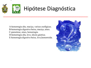 Hipótese Diagnóstica
A-hemorragia alta, maciça, varizes esofágicas.
B-hemorragia digestiva baixa, maciça, aines.
C-parasitose, aines, hemorragia.
D-hemorragia alta, leve, úlcera gástrica.
E-hemorragia digestiva baixa, leve,hemorroida.
 