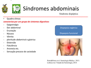 Síndromes abdominais
• Quadro clínico:
caracteriza por um grupo de sintomas digestivos
- Epigastralgia
- Dor abdominal
- Eructação
- Náusea
- Vômito
- plenitude abdominal e gástrica
- Distensão
- Flatulência
- Anorexia etc.
- Sensação precoce de saciedade
Síndrome dispéptica
Porto&Porto et al. Semiologia Médica ; 2013.
Lisboa et al. Tratado de Semiologia; 2014
Dispepsia orgânica
Dispepsia funcional
 