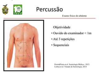 Percussão
• Objetividade
• Ouvido do examinador < 1m
• Até 3 repetições
• Sequenciais
Exame físico do abdome
Porto&Porto et al. Semiologia Médica ; 2013.
Lisboa et al. Tratado de Semiologia; 2014
 
