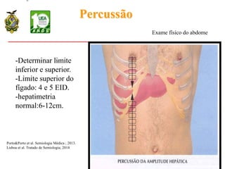 -Determinar limite
inferior e superior.
-Limite superior do
fígado: 4 e 5 EID.
-hepatimetria
normal:6-12cm.
Percussão
Exame físico do abdome
Porto&Porto et al. Semiologia Médica ; 2013.
Lisboa et al. Tratado de Semiologia; 2014
 