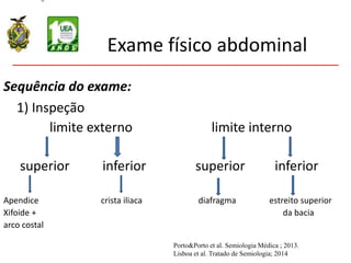 Exame físico abdominal
Sequência do exame:
1) Inspeção
limite externo limite interno
superior inferior superior inferior
Apendice crista iliaca diafragma estreito superior
Xifoide + da bacia
arco costal
Porto&Porto et al. Semiologia Médica ; 2013.
Lisboa et al. Tratado de Semiologia; 2014
 