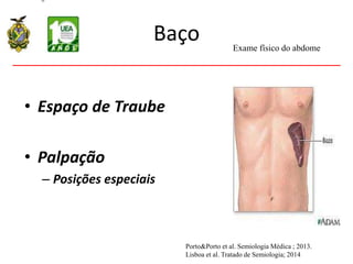 Baço
• Percussão
• Espaço de Traube
• Palpação
– Posições especiais
Exame físico do abdome
Porto&Porto et al. Semiologia Médica ; 2013.
Lisboa et al. Tratado de Semiologia; 2014
 