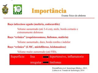 Importância
Baço infeccioso agudo (malária, endocardite)
Volume aumentado (até 3-4 cm), mole, borda cortante e
extremamente doloroso
Baço “crônico” (esquistossomose, linfomas, malária)
Volume aumentado, duro, borda romba e indolor
Baço “crônico” (LMC, mielofibrose, leishmaniose)
Volume muito aumentado (até FID), borda romba, duro, indolor
Superfície: lisa hipertensivo, inflamatorio
irregular linfomas
Exame físico do abdome
Porto&Porto et al. Semiologia Médica ; 2013.
Lisboa et al. Tratado de Semiologia; 2014
 
