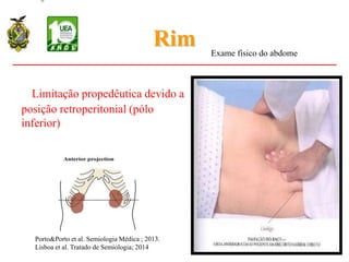 Rim
• Limitação propedêutica devido a
posição retroperitonial (pólo
inferior)
Exame físico do abdome
Porto&Porto et al. Semiologia Médica ; 2013.
Lisboa et al. Tratado de Semiologia; 2014
 