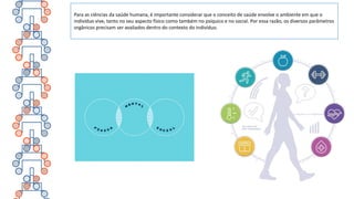 Para as ciências da saúde humana, é importante considerar que o conceito de saúde envolve o ambiente em que o
indivíduo vive, tanto no seu aspecto físico como também no psíquico e no social. Por essa razão, os diversos parâmetros
orgânicos precisam ser avaliados dentro do contexto do indivíduo.
 