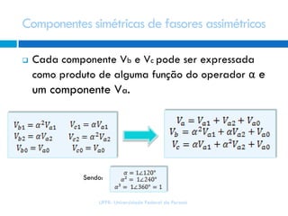  Cada componente Vb e Vc pode ser expressada
como produto de alguma função do operador α e
um componente Va.
Componentes simétricas de fasores assimétricos
UFPR- Universidade Federal do Paraná
Sendo:
 