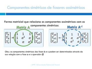 Componentes simétricas de fasores assimétricos
UFPR- Universidade Federal do Paraná
Forma matricial que relaciona os componentes assimétricos com os
componentes simétricos
Obs.: as componentes simétricas das fases b e c podem ser determinadas através da
sua relação com a fase a e o operador
 