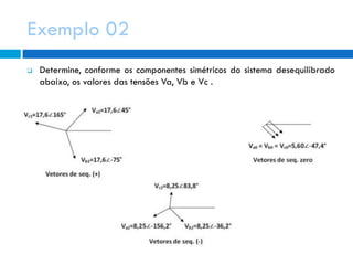 Exemplo 02
 Determine, conforme os componentes simétricos do sistema desequilibrado
abaixo, os valores das tensões Va, Vb e Vc .
 