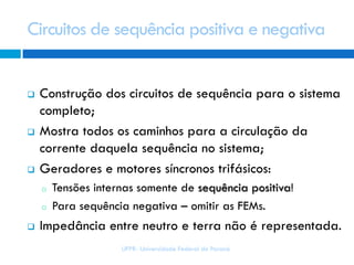 Circuitos de sequência positiva e negativa
UFPR- Universidade Federal do Paraná
 Construção dos circuitos de sequência para o sistema
completo;
 Mostra todos os caminhos para a circulação da
corrente daquela sequência no sistema;
 Geradores e motores síncronos trifásicos:
o Tensões internas somente de sequência positiva!
o Para sequência negativa – omitir as FEMs.
 Impedância entre neutro e terra não é representada.
 