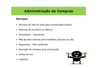 Administração de Compras

Serviços:

• Serviços de mão de obra para conservação predial

• Reforma de escritório ou fábrica

• Consultoria – Assessoria

• Mão de obra externa para trabalhos pontuais ou não

• Segurança – Meio ambiente

• Remoção de resíduos para incineração

• Coleta de lixo

• Logística
 