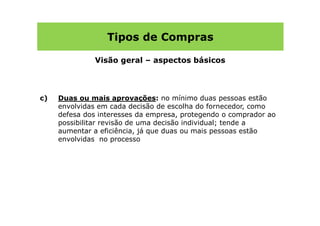 Tipos de Compras

              Visão geral – aspectos básicos



c)   Duas ou mais aprovações: no mínimo duas pessoas estão
     envolvidas em cada decisão de escolha do fornecedor, como
     defesa dos interesses da empresa, protegendo o comprador ao
     possibilitar revisão de uma decisão individual; tende a
     aumentar a eficiência, já que duas ou mais pessoas estão
     envolvidas no processo
 