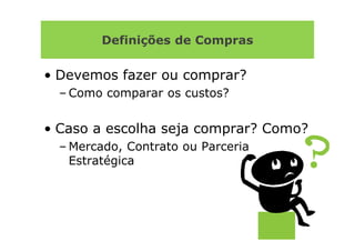 Definições de Compras

• Devemos fazer ou comprar?
  – Como comparar os custos?


• Caso a escolha seja comprar? Como?
  – Mercado, Contrato ou Parceria
    Estratégica
 