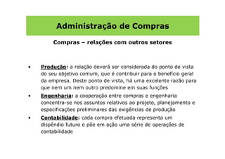 Administração de Compras

        Compras – relações com outros setores



•   Produção: a relação deverá ser considerada do ponto de vista
    do seu objetivo comum, que é contribuir para o benefício geral
    da empresa. Deste ponto de vista, há uma excelente razão para
    que nem um nem outro predomine em suas funções
•   Engenharia: a cooperação entre compras e engenharia
    concentra-se nos assuntos relativos ao projeto, planejamento e
    especificações preliminares das exigências de produção
•   Contabilidade: cada compra efetuada representa um
    dispêndio futuro e põe em ação uma série de operações de
    contabilidade
 