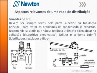 Prof.: William Xavier d’Alcântara
Aspectos relevantes de uma rede de distribuição
Tomadas de ar :
Devem ser sempre feitas pela parte superior da tubulação
principal, para evitar os problemas de condensado já expostos.
Recomenda-se ainda que não se realize a utilização direta do ar na
aplicação (dispositivo pneumático). Utilizar o conjunto Lubrifil
(lubrificador, regulador e filtro).
 