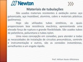 Prof.: William Xavier d’Alcântara
Materiais de tubulações
São usados materiais resistentes à oxidação como: aço
galvanizado, aço inoxidável, alumínio, cobre e materiais plásticos
(polímeros).
Hoje são utilizados tubos sintéticos, os quais
proporcionam boa resistência mecânica, apresentando uma
elevada força de ruptura e grande flexibilidade. São usados tubos
de polietileno, poliuretano e tubos nylon.
Uma nova concepção em conexões, para atender a todas
as necessidades de instalação de circuitos pneumáticos, controle
e instrumentação e outros, são as conexões instantâneas,
semelhantes a um engate rápido.
 