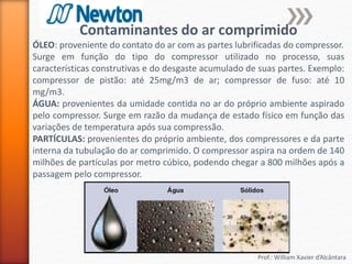 Prof.: William Xavier d’Alcântara
Contaminantes do ar comprimido
ÓLEO: proveniente do contato do ar com as partes lubrificadas do compressor.
Surge em função do tipo do compressor utilizado no processo, suas
características construtivas e do desgaste acumulado de suas partes. Exemplo:
compressor de pistão: até 25mg/m3 de ar; compressor de fuso: até 10
mg/m3.
ÁGUA: provenientes da umidade contida no ar do próprio ambiente aspirado
pelo compressor. Surge em razão da mudança de estado físico em função das
variações de temperatura após sua compressão.
PARTÍCULAS: provenientes do próprio ambiente, dos compressores e da parte
interna da tubulação do ar comprimido. O compressor aspira na ordem de 140
milhões de partículas por metro cúbico, podendo chegar a 800 milhões após a
passagem pelo compressor.
 