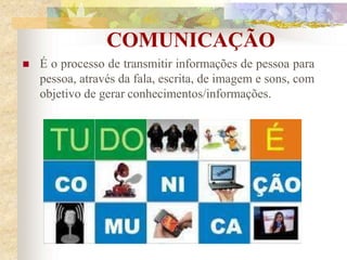 COMUNICAÇÃO
 É o processo de transmitir informações de pessoa para
pessoa, através da fala, escrita, de imagem e sons, com
objetivo de gerar conhecimentos/informações.
 