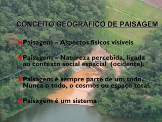 Paisagem – Aspectos físicos visíveis Paisagem – Natureza percebida, ligada ao contexto social espacial  (ocidente). Paisagem é sempre parte de um todo. Nunca o todo, o cosmos ou espaço total.  Paisagem é um sistema CONCEITO GEOGRÁFICO DE PAISAGEM 