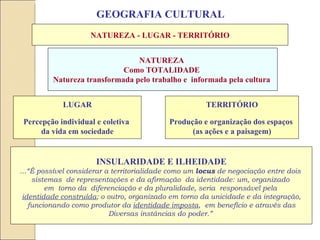 NATUREZA - LUGAR - TERRITÓRIO GEOGRAFIA CULTURAL LUGAR Percepção individual e coletiva  da vida em sociedade TERRITÓRIO Produção e organização dos espaços  (as ações e a paisagem) INSULARIDADE E ILHEIDADE ...“É possível considerar a territorialidade como um  locus  de negociação entre dois  sistemas  de representações e da afirmação  da identidade: um, organizado  em  torno da  diferenciação e da pluralidade, seria  responsável pela  identidade construída ; o outro, organizado em torno da unicidade e da integração, funcionando como produtor da  identidade imposta ,  em benefício e através das  Diversas instâncias do poder.”  NATUREZA  Como TOTALIDADE  Natureza transformada pelo trabalho e  informada pela cultura  