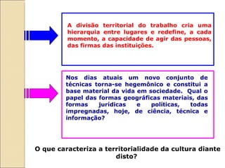A divisão territorial do trabalho cria uma hierarquia entre lugares e redefine, a cada momento, a capacidade de agir das pessoas, das firmas das instituições. Nos dias atuais um novo conjunto de técnicas torna-se hegemônico e constitui a base material da vida em sociedade.  Qual o papel das formas geográficas materiais, das formas jurídicas e políticas, todas impregnadas, hoje, de ciência, técnica e informação?  O que caracteriza a territorialidade da cultura diante disto?  