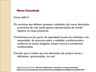 Como definir?  Os conceitos que definem quaisquer realidades, são meras abstrações provisórias do real, sendo apenas representações do mundo objetivo no nosso psiquismo.  Tal fenômeno se dá a partir da capacidade humana de simbolizar e da necessidade  de atuarmos sobre a realidade, transformando-a conforme os nossos desígnios, sempre natural e socialmente condicionados.  Convém que se lembre que tais abstrações são sempre meras e deficientes  aproximações  do real. Marco Conceitual Valfrido Medeiros Chaves.  Ciências Ambientais: Conceitos e Contextualização, http://www.ecoterrabrasil.com.br/home/index.php?pg=temas&tipo=temas&cd=453 