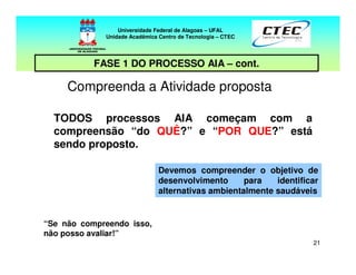 21
Compreenda a Atividade proposta
TODOS processos AIA começam com a
compreensão “do QUÊ?” e “POR QUE?” está
sendo proposto.
Devemos compreender o objetivo de
desenvolvimento para identificar
alternativas ambientalmente saudáveis
“Se não compreendo isso,
não posso avaliar!”
Universidade Federal de Alagoas – UFAL
Unidade Acadêmica Centro de Tecnologia – CTEC
FASE 1 DO PROCESSO AIA – cont.
 