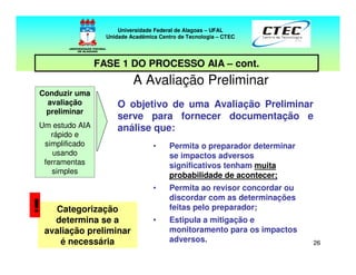 26
A Avaliação Preliminar
Conduzir uma
avaliação
preliminar
Um estudo AIA
rápido e
simplificado
usando
ferramentas
simples
O objetivo de uma Avaliação Preliminar
serve para fornecer documentação e
análise que:
Categorização
determina se a
avaliação preliminar
é necessária
!
• Permita o preparador determinar
se impactos adversos
significativos tenham muita
probabilidade de acontecer;
• Permita ao revisor concordar ou
discordar com as determinações
feitas pelo preparador;
• Estipula a mitigação e
monitoramento para os impactos
adversos.
Universidade Federal de Alagoas – UFAL
Unidade Acadêmica Centro de Tecnologia – CTEC
FASE 1 DO PROCESSO AIA – cont.
 