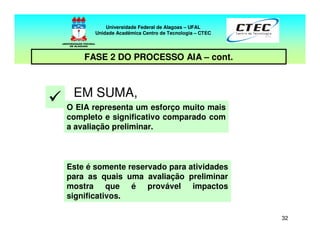 32
EM SUMA,
O EIA representa um esforço muito mais
completo e significativo comparado com
a avaliação preliminar.
Este é somente reservado para atividades
para as quais uma avaliação preliminar
mostra que é provável impactos
significativos.
Universidade Federal de Alagoas – UFAL
Unidade Acadêmica Centro de Tecnologia – CTEC
FASE 2 DO PROCESSO AIA – cont.
 