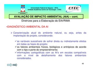 4949
Diretrizes para a Elaboração do EIA/RIMA
•DIAGNÓSTICO AMBIENTAL DA AI
Caracterização atual do ambiente natural, ou seja, antes da
implantação do projeto, considerando:
as variáveis suscetíveis de sofrer direta ou indiretamente efeitos
em todas as fases do projeto;
os fatores ambientais físicos, biológicos e antrópicos de acordo
com o tipo e porte do empreendimento;
informações cartográficas com as AI’s em escalas compatíveis
com o nível de detalhamento dos fatores ambientais
considerados.
Universidade Federal de Alagoas – UFAL
Unidade Acadêmica Centro de Tecnologia – CTEC
AVALIAÇÃO DE IMPACTO AMBIENTAL (AIA) – cont.
RIMA
 