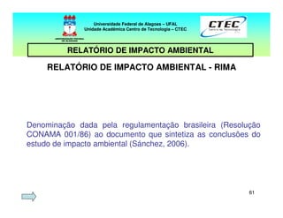 6161
RELATÓRIO DE IMPACTO AMBIENTAL - RIMA
Denominação dada pela regulamentação brasileira (Resolução
CONAMA 001/86) ao documento que sintetiza as conclusões do
estudo de impacto ambiental (Sánchez, 2006).
Universidade Federal de Alagoas – UFAL
Unidade Acadêmica Centro de Tecnologia – CTEC
RELATÓRIO DE IMPACTO AMBIENTAL
 