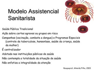 MMooddeelloo AAssssiisstteenncciiaall 
SSaanniittaarriissttaa 
Saúde Pública Tradicional 
Ação sobre certos agravos ou grupos em risco 
Campanhas (vacinação, combate a dengue) e Programas Especiais 
(controle da tuberculose, hanseníase, saúde da criança, saúde 
da mulher) 
É centralizador 
Adotado nas instituições públicas de saúde 
Não contempla a totalidade da situação de saúde 
Não enfatiza a integralidade da atenção 
Rouquayrol; Almeida Filho, 2003 
 