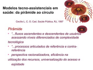 Modelos tecno-assistenciais em 
saúde: da pirâmide ao círculo 
Cecílio L. C. O; Cad. Saúde Pública, RJ, 1997 
Pirâmide 
• “...fluxos ascendentes e descendentes de usuários 
acessando níveis diferenciados de complexidade 
tecnológica 
• “...processos articulados de referência e contra-referência 
• perspectiva racionalizadora, eficiência na 
utilização dos recursos, universalização do acesso e 
eqüidade 
 